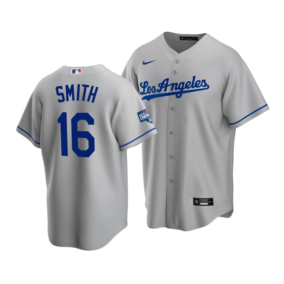 Men's Los Angeles Dodgers #16 Will Smith Grey 2020 World Series Champions Home Patch Stitched Jersey